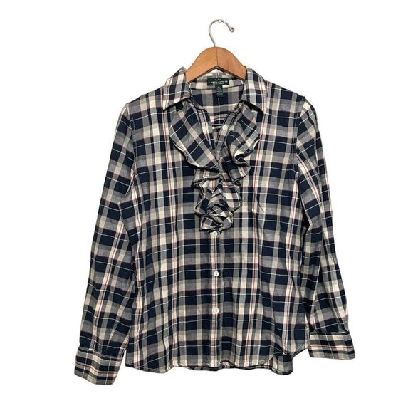 Lauren Ralph Lauren Button Top Ruffle Womens Medium Multicolor Plaid Long Sleeve - Picture 1 of 7
